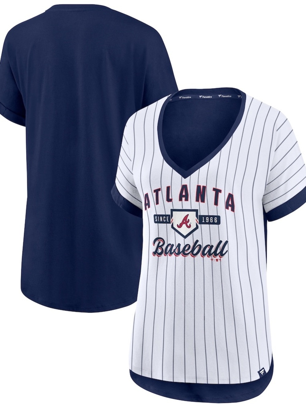 Women's Fanatics White/Navy Atlanta Braves Noise Factor Pinstripe V-Neck T-Shirt